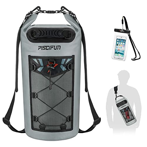 Piscifun Dry Bag, Waterproof Floating Backpack 10L/20L/30L/40L with Waterproof Phone Case for Boating, Kayaking, Fishing - color: Grey, style: 10l
