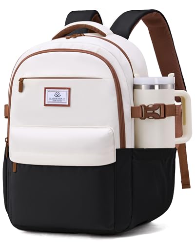 LOVEVOOK Laptop Backpack for Women Teens,College School Backpack with Tumbler Holder,15.6" Computer Bag,14 Pockets,Waterproof - color: Black/White/Brown, size: 15.6inch