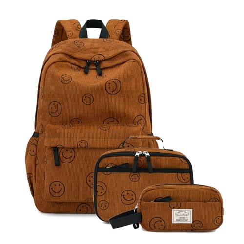 Tanweibago Backpack for Girls Boy Teen Corduroy Bookbags Elementary Middle High School Women Laptop Bag with Lunch Box Pencil Bag (Smile Brown) - color: Smile Brown