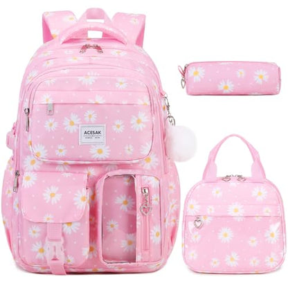 ACESAK Backpack for Girls - Girls Backpack with Lunch Bag & Pencil Pouch for Teen Kids Laptop Backpack for Women, Elementary Middle High School Bookbag Travel Daypack (Pink Daisy) - color: Pink Daisy