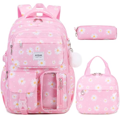 ACESAK Backpack for Girls - Girls Backpack with Lunch Bag & Pencil Pouch for Teen Kids Laptop Backpack for Women, Elementary Middle High School Bookbag Travel Daypack (Pink Daisy) - color: Pink Daisy