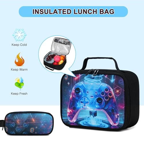 3PCS School Backpack for Boys, Cool Gamer Boys Backpack with Lunch Box and Pencil Case for Kids Kindergarten Teens Elementary Middle School Bag with Convenient Charging Port,Gaming Bookbag Waterproof - color: Sci-fi Realism
