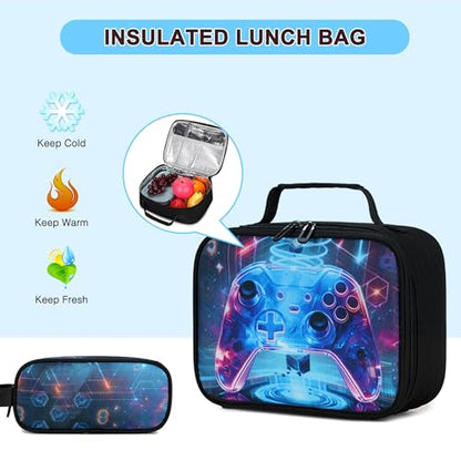 3PCS School Backpack for Boys, Cool Gamer Boys Backpack with Lunch Box and Pencil Case for Kids Kindergarten Teens Elementary Middle School Bag with Convenient Charging Port,Gaming Bookbag Waterproof - color: Sci-fi Realism