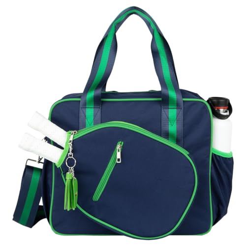 Cute Prepster Pickleball Bag for Women with Fence Hook, Tote with Pockets for Water Bottle, Paddles, Balls, Accessories - color: Navy/Green