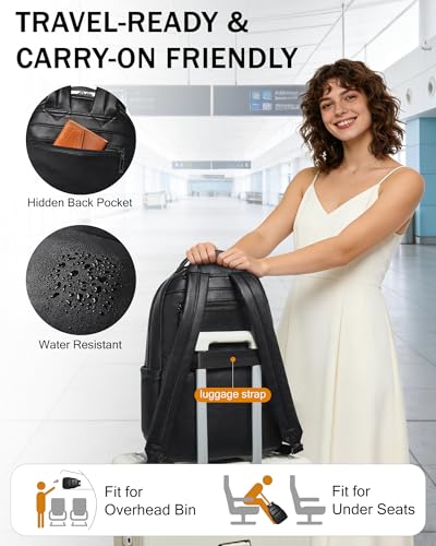 Bluome Work Backpack for Women Men, Laptop Vegan Leather Backpack Purse with 15.6–17 Inch Laptop, Multi-Pocket Bookbag for Office Travel Gym Weekend Overnight Bag, Black - color: Black