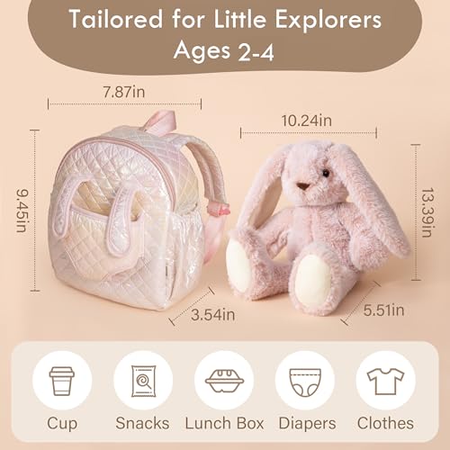 Moonkie Hug & Go™ Bunny Toddler Backpack – Soft Plush Bag with Detachable Toy for Girls Aged 2–4 | Perfect for Daycare, Travel & Birthday Gifts - color: Bunny