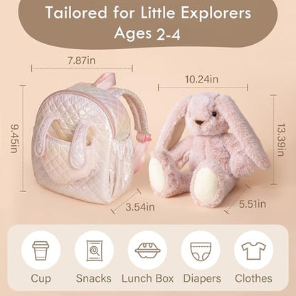 Moonkie Hug & Go™ Bunny Toddler Backpack – Soft Plush Bag with Detachable Toy for Girls Aged 2–4 | Perfect for Daycare, Travel & Birthday Gifts - color: Bunny