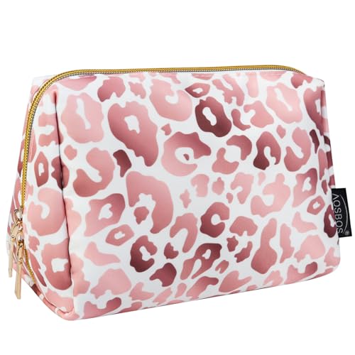 Aosbos Small Travel Makeup Pouch - Pink Leopard Print Cosmetic Case for Women - color: Pink Leopard Print