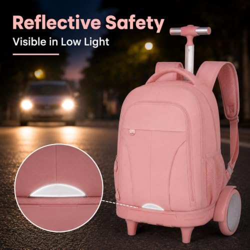 AGSDON Quiet Glide Rolling Backpack with Lunch Box Set - Large Wheel Water-Resistant Wheeled Bag for Business, Travel, and College | Blush Pink 3-in-1 Organizer Backpack - color: Reflective Pink - Rolling Backpack