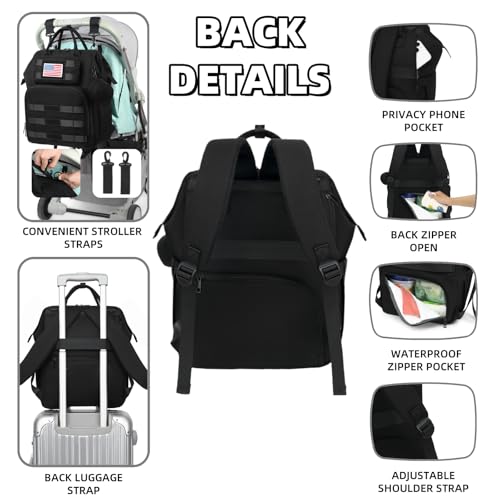 ROSEGIN Diaper Bag Backpack for Dad and Men, Large Travel Baby Bag with Changing Pad, Pacifier Case, Removable Flag Patch - Baby Shower Gifts - Shadow Black - color: Shadow Black
