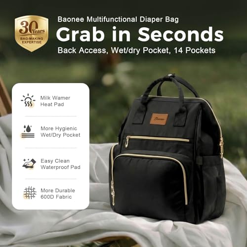 Diaper Bag Backpack, Large Capacity Baby Bag with Stroller Straps and Luggage Sleeve, Insulated Bottle Pockets, Changing Pad, Wet/Dry Pocket, Unisex for Mom and Dad, 27L Black - color: Black, size: Large
