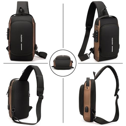 Sling Bag for Men Anti-theft USB Crossbody Shoulder Backpack Purse Waterproof PU Leather Chest Bag Travel Daily Use - color: Brown
