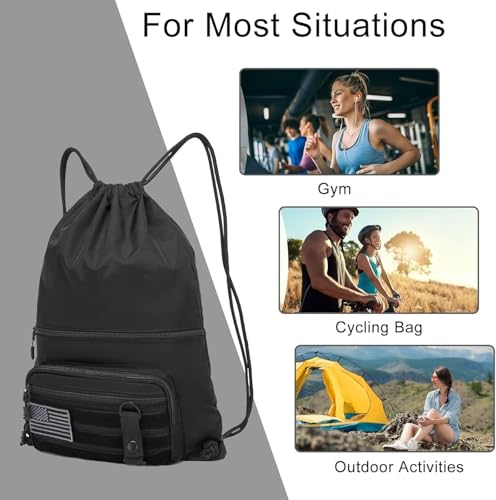 seyfocnia Drawstring Backpack Tactical String Bag with Zipper Pockets Waterproof Cinch Bag Sport Gym Sackpack - Black - color: Black, style: Leisure
