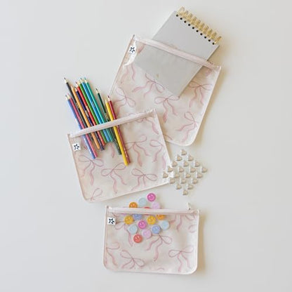 Tiny Twinkle Diaper Bag Organizing Pouches|3 Pack Mess-Proof Clear Front Travel Organizer Bags&TSA Approved Toiletry Bag Set for Baby and Mom Essentials - color: Bows