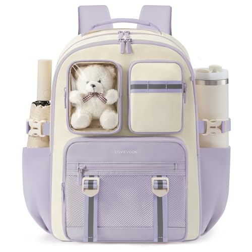 LOVEVOOK Cute School Backpack for Girls Ages 8-14, Bookbag with Plush Bear & Clear Display Pocket, Fits 15.6 Inch Laptop & 40oz Tumbler, Back to School Backpack for Elementary & Middle School - color: Purple / Off-white