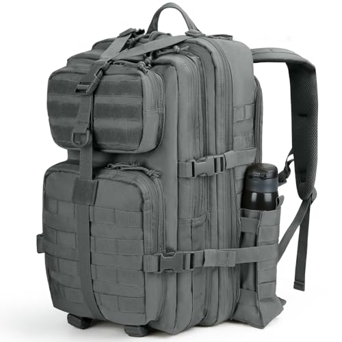 REEBOW GEAR Military Tactical Backpack for Men 3 Day Survival Bag Grey | 40-45L Large Bag, Bottle Holder On the Side, MOLLE, for Outdoor Sports Hunting Hiking, Daypack Bug Out Rucksack Work Bag - color: Grey2