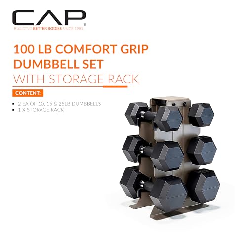 CAP Dumbbell Set with Rack, Rubber Coated Hex Free Weight Set | 100–300 lb Options, Vertical Space-Saving Storage for Home Gym Strength Training - size: 100 lb Set - Tan Rack, style: Comfort Handle