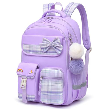 Alrisg Girls School Backpack Preppy Plaid Bookbag Lightweight Backpack for Girls Elementary Middle School Bow Purple - color: Purple, size: 17in