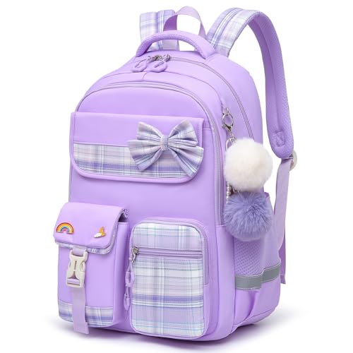 Alrisg Girls School Backpack Preppy Plaid Bookbag Lightweight Backpack for Girls Elementary Middle School Bow Purple - color: Purple, size: 17in