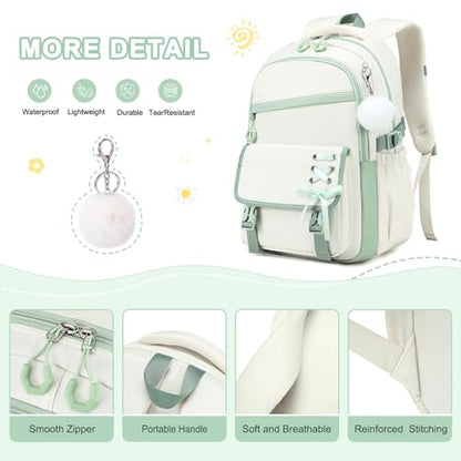 Scothen 3PCS Girls Backpack for School, Kids Backpack for Girls with Lunch Bag Pencil Case, Kids Bookbag Teen Backpacks for Elementary Middle High School - color: White-green