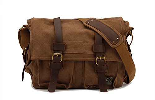 Sechunk Vintage Military Leather Canvas Laptop Bag Messenger Bags Medium - color: Coffee, size: small--13‘’