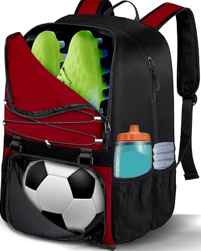 LOINTET Youth Soccer Bag, Soccer Backpack with Ball Compartment, Sports Equipment Training Bags Fits Basketball Football Volleyball and Accessories, Black - color: Red