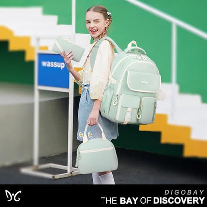 DIGOBAY Backpacks for Girls, 3PCS School Backpack with Lunch Box Pencil Pouch for Teen Girls Kids Elementary Primary Middle High College Travel School bag Bookbag Set （Green） - color: Green