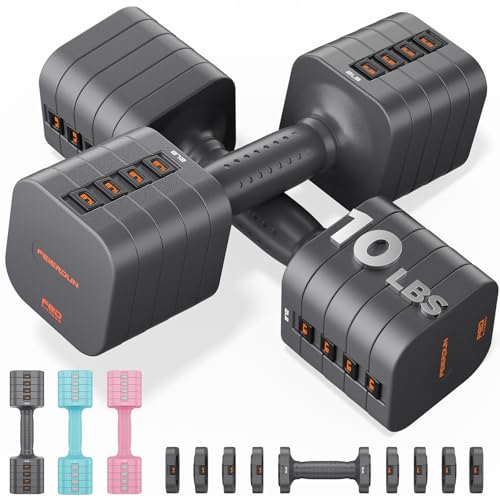 FEIERDUN DB3 5-in-1 Adjustable Dumbbell Set, 6LB/10LB Pair Adjustable Weights for Women at Home, Dual Locking Stable Hand Weights with TPU Soft Handle, Home Gym, Rehab, Pilates, Yoga, Strength Training - color: A-Strength Grey, style: 10LBS Pair (20LBS To