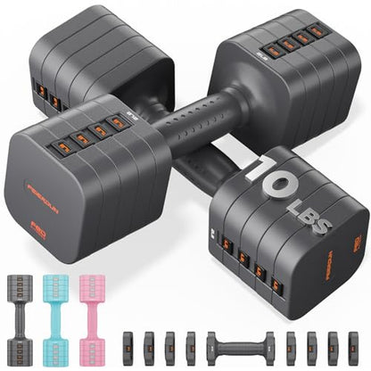 FEIERDUN DB3 5-in-1 Adjustable Dumbbell Set, 6LB/10LB Pair Adjustable Weights for Women at Home, Dual Locking Stable Hand Weights with TPU Soft Handle, Home Gym, Rehab, Pilates, Yoga, Strength Training - color: A-Strength Grey, style: 10LBS Pair (20LBS To