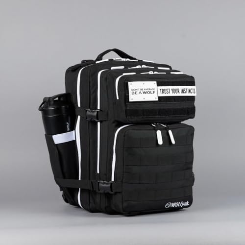 WOLFpak 35L Tactical Gym Backpack (Alpha Black White Accents) Durable 1000D Waterproof Oxford Material with MOLLE Webbing, Laptop Pocket & Dual Cup Holders, Durable Fitness/Travel/Military Daypack - color: Alpha Black White Accents