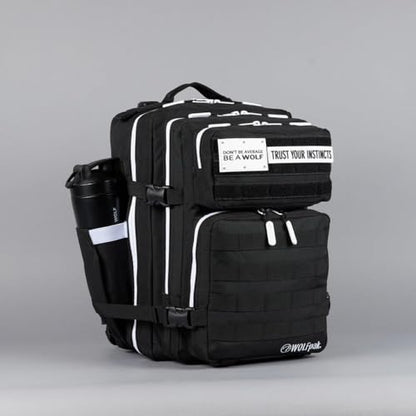WOLFpak 35L Tactical Gym Backpack (Alpha Black White Accents) Durable 1000D Waterproof Oxford Material with MOLLE Webbing, Laptop Pocket & Dual Cup Holders, Durable Fitness/Travel/Military Daypack - color: Alpha Black White Accents