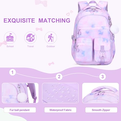 DIGOBAY 3PCS Girls Backpack for School, Kids Backpack for Girls with Lunch Bag Pencil Case, Kids Bookbag Teen Girl Backpacks for Elementary Middle High College School (Purple Tie-dye) 3+ years old - color: Purple Tie-dye
