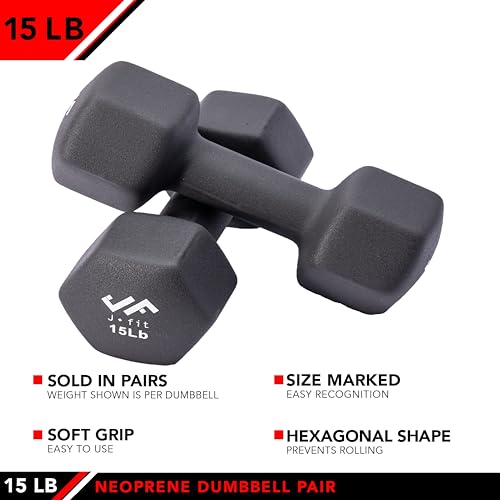 JFIT Dumbbell Pairs or Sets – Neoprene & Vinyl Coated Hand Weights for Home Gym, Strength Training, Aerobics, Cardio Exercise and Fitness - size: 15 lbs (Pair), style: Dumbbell Pair