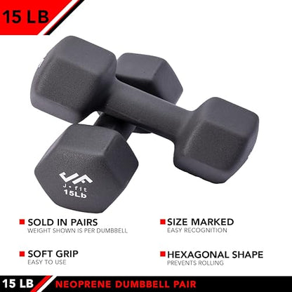JFIT Dumbbell Pairs or Sets – Neoprene & Vinyl Coated Hand Weights for Home Gym, Strength Training, Aerobics, Cardio Exercise and Fitness - size: 15 lbs (Pair), style: Dumbbell Pair