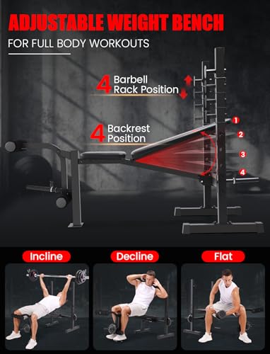 OPPSDECOR Adjustable Weight Bench Set with Squat Rack, 3 Sec Folding Workout Bench for Full Body Exercise, 600LBS All-in-One Bench Press with Leg Curl & Leg Extension, Incline Decline Flat Home Gym Bench for Teens Adults