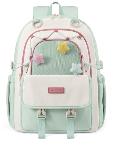 LOVEVOOK School Backpack for Teen Girls, Cute Lightweight Bookbag with Star Charm, Large Capacity Backpack Fits 15.6 Inch Laptop, Water Bottle Holder, Gift for Kids & Students - color: Mint Breeze, size: 15.6 Inch