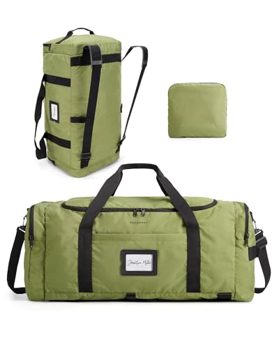 BAGSAMRT 60L Foldable Duffle Bag for Travel, Large Travel Duffel Bag for Men, 4 in 1 Travel Backpack, Carry on Weekender Bag, Army Green - color: Army Green, size: 60L