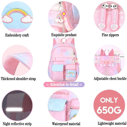 Jcobvig Rainbow Backpack For Girls Kids,Cute Student School Backpack With Pen Bag,Aesthetic Starry Rainbow Laptop Travel Bag - color: Purple, size: Medium
