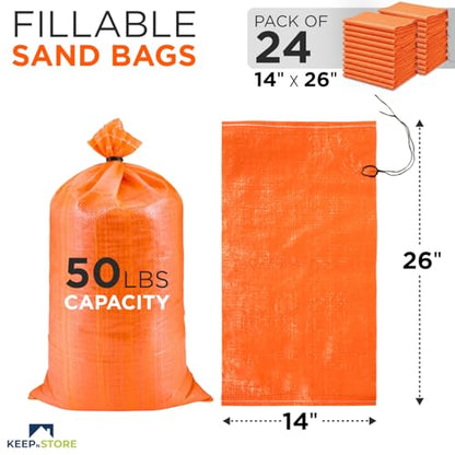 Heavy Duty Sand Bags Pack of 24, Bright Orange Empty Sandbags with Built-In Ties, Woven Polypropylene UV Protection 1600 Hours, Fillable Bags for Flood Control, Weight, 14x26 inches, 50 Pounds Volume - size: 14"W x 26"L, style: Pack of 24