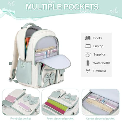 DIGOBAY Backpack for Girls, 3PCS Girls Backpack for School with Lunch Bag Pencil Case, Cute Kids Teens Bookbag for Kindergarten Elementary Preschool Middle School - color: Beige-bean Green