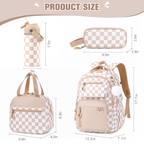 Bevalsa Backpack for Girls, School Bookbag Teen Girls Backpack Set with 14oz Insulated Water Bottle Stainless Steel, Lunch Bag & Pencial Case for Kids Elementary Middle Student (Khaki Checkerboard) - color: Khaki Checkerboard