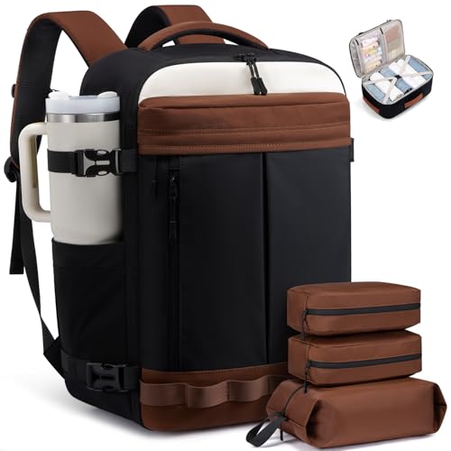 LOVEVOOK 40L Travel Backpack for Women Men, Airline Approved Carry On Luggage with 3 Cubes Accessories, TSA Personal Item Travel Cruise Essentials, Waterproof Weekender Overnight Bags fits 17" Laptop - color: Black-brown-beige, size: 40L 4-Piece Set