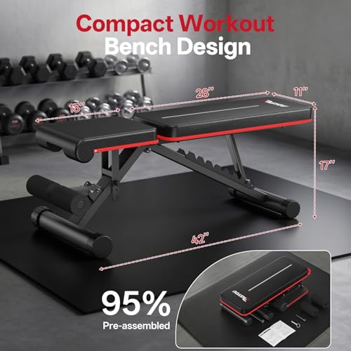 PASYOU Adjustable Weight Bench, 660LB Capacity Foldable Workout Bench, Incline Flat Bench Press for Home Gym, Dual-Frame Strength Training Bench, No Assembly Required, Wider Seat - color: Red