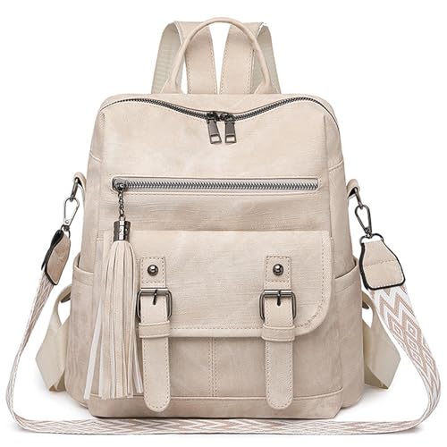 Fashion PU Leather Backpack Purse for Women Travel Backpack Bag with Tassel Ladies Shoulder Handbags Casual Daypack - color: Beige