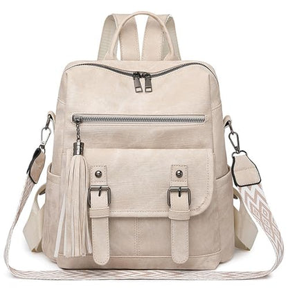 Fashion PU Leather Backpack Purse for Women Travel Backpack Bag with Tassel Ladies Shoulder Handbags Casual Daypack - color: Beige