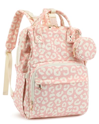 Corduroy Diaper Bag Backpack, Large Capacity Multifunction Baby Diaper Bags for Women, Insulated Bottle Pockets & Pacifier Case, Stylish Travel Nappy Changing Bags for Mom Dad (Leopard Pink) - color: Corduroy Leopard Pink