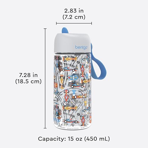 Bentgo Kids Water Bottle - Leak-Proof, Durable Tritan PFAS- & BPA-Free 15 fl oz, Kids/Toddlers Ages 3+ for School & Sports; Bite & Sip Spout, Carrying Handle, Dishwasher Safe (NEW Race Cars) - color: Race Cars