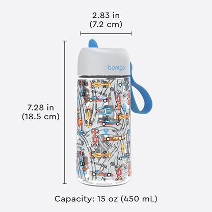 Bentgo Kids Water Bottle - Leak-Proof, Durable Tritan PFAS- & BPA-Free 15 fl oz, Kids/Toddlers Ages 3+ for School & Sports; Bite & Sip Spout, Carrying Handle, Dishwasher Safe (NEW Race Cars) - color: Race Cars