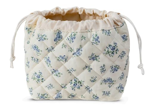 HAPPYHEIDI Large Floral Quilted Cotton Drawstring Makeup Bag Compartment Cosmetic Toiletry Accessory Travel Pouch Purse Organizer, Blue Gourd - color: KJM-Quilted Cotton Pouch with Compartment Set of 1-Blue Gourd