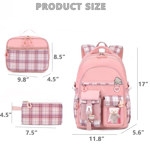 Girls Backpack with Lunch Box Cute School Backpack for Girls Kids Teens Kawaii Bookbag Set for Primary Elementary，Pink - color: Pink